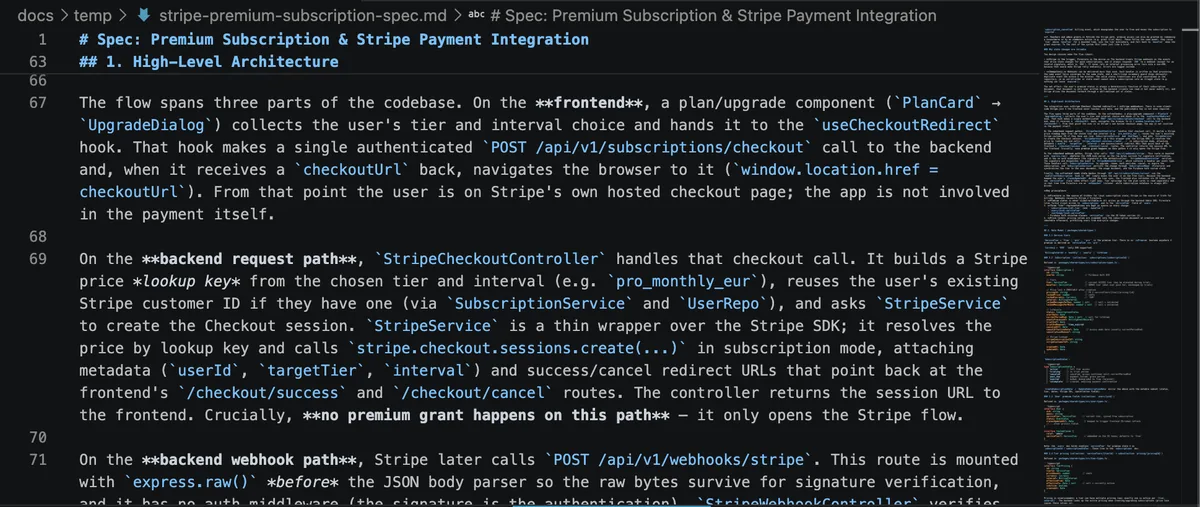 A markdown spec file open in an editor: ten pages of dense text, the kind you cannot hold in your head while reading.