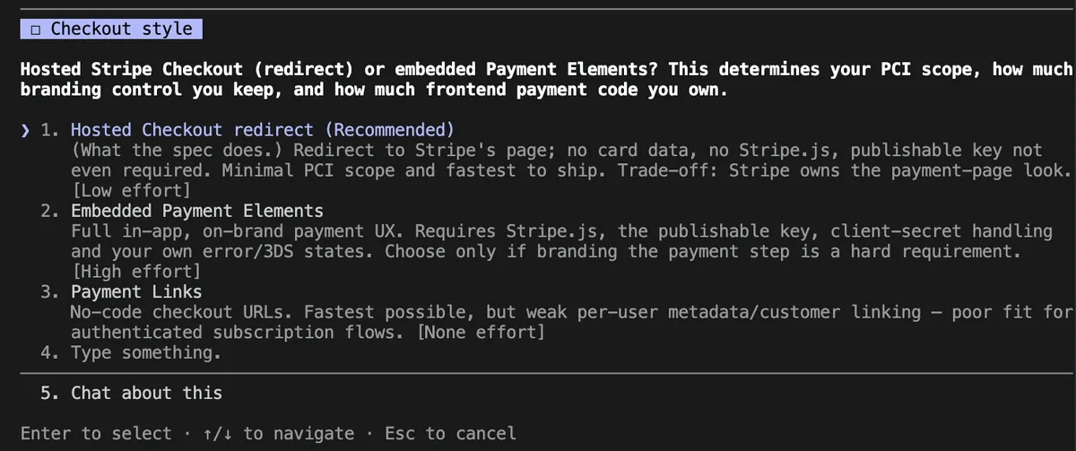 Claude Code presenting a single "Checkout style" decision with selectable options and a recommendation, rather than a wall of choices.