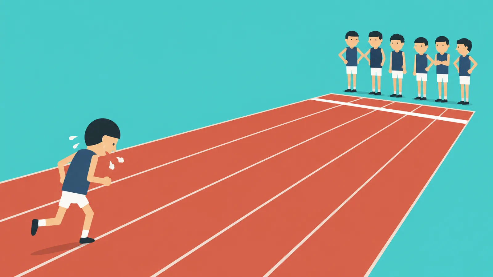 Illustration of one runner still sprinting alone down a track while a group of runners who have already finished waits at the line.