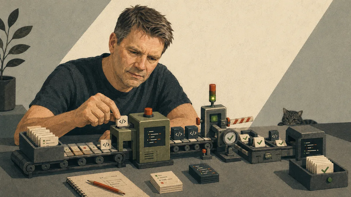 Illustration: a developer feeds code blocks into a small assembly line of machines on his desk.
