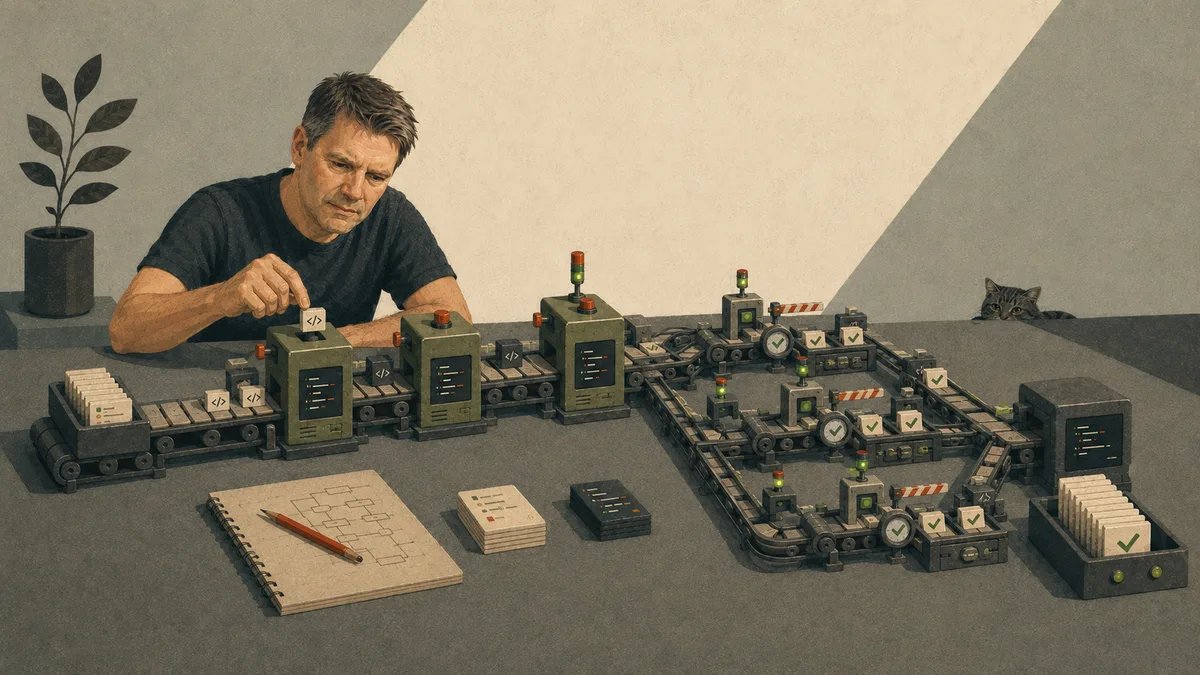 Illustration: the desk assembly line has grown — more machines process code blocks while the developer adds new tasks at the start.