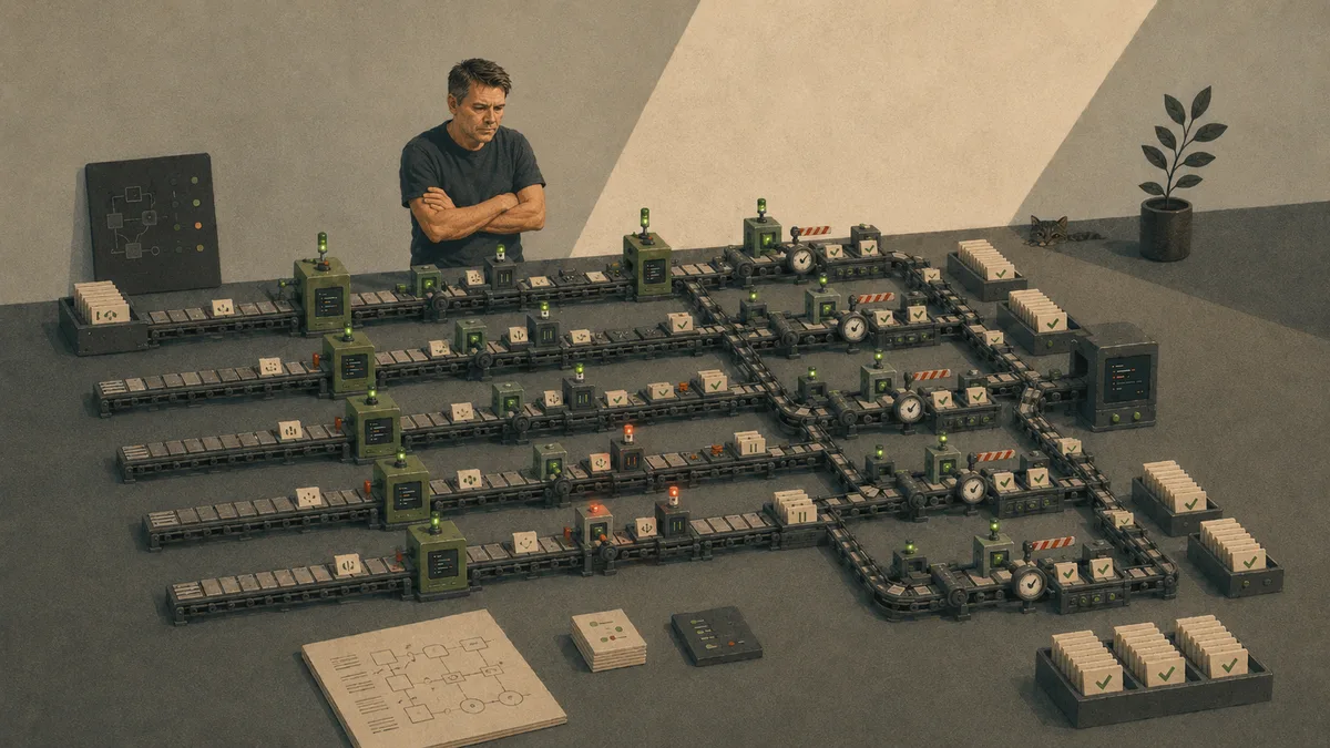 Illustration: the developer watches over a factory floor of parallel conveyor lines with checkpoints and signal lights.