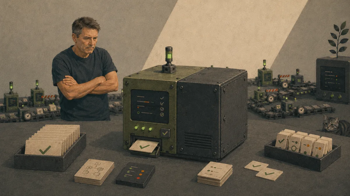 Illustration: a large validator machine stamps result cards with green check marks while the developer watches, arms crossed.
