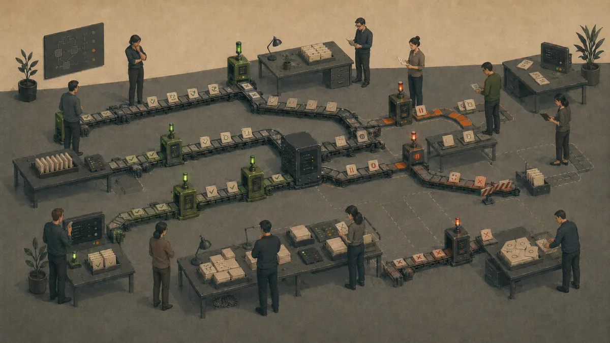 Illustration: an isometric factory floor where many people supervise conveyor lines of tasks with gates and warning lights.