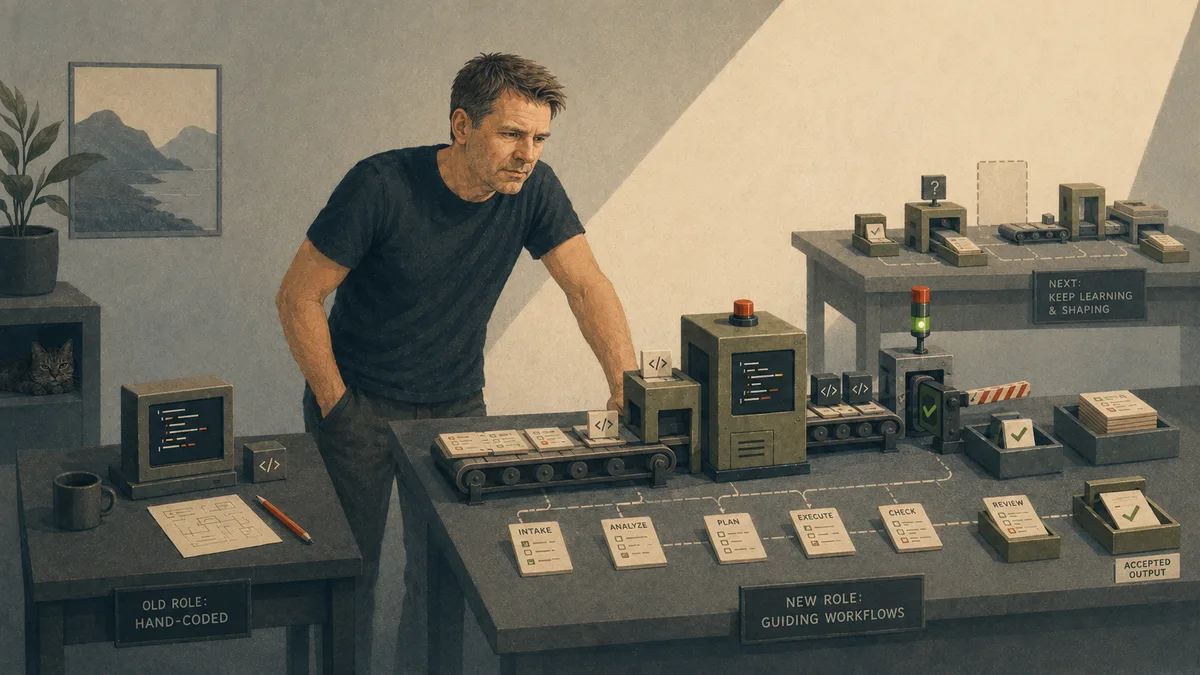 Illustration: a developer at a bench labelled 'New role: guiding workflows' — intake, analyze, plan, execute, check — with his old hand-coding desk behind him.