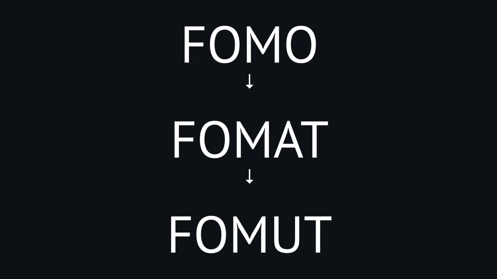 The words FOMO, FOMAT and FOMUT stacked with downward arrows on a dark background.