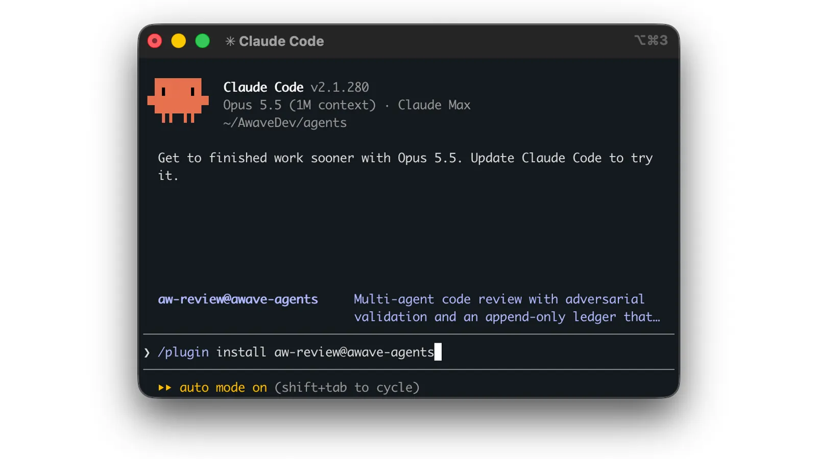 A Claude Code terminal window listing the aw-review plugin from the awave-agents marketplace, with /plugin install aw-review@awave-agents typed at the prompt.
