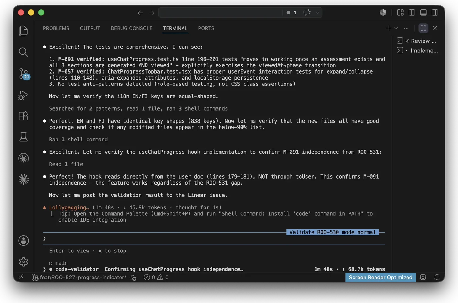 A validator agent working through a task: citing a test file and line range, checking that the EN and FI translation keys have identical shapes, reading the hook implementation, and confirming a claim against the source rather than against the developer's summary.