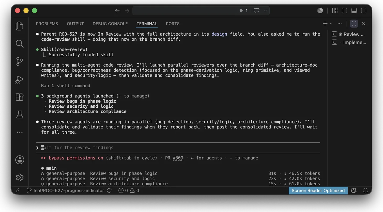 Three review agents launched in parallel over the branch diff, named for bugs in phase logic, security and logic, and architecture compliance, each with its own runtime and token count in the status list at the bottom.